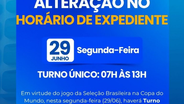 ATEN��O: Turno �nico no expediente municipal nesta segunda-feira (29/06)